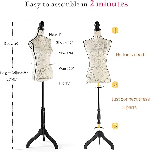 Miniatura 6 de HOMBOUR Cuerpo de maniquí femenino, torso de maniquí de costura, forma de vestido ajustable de 52 a 67 pulgadas de altura con soporte de trípode