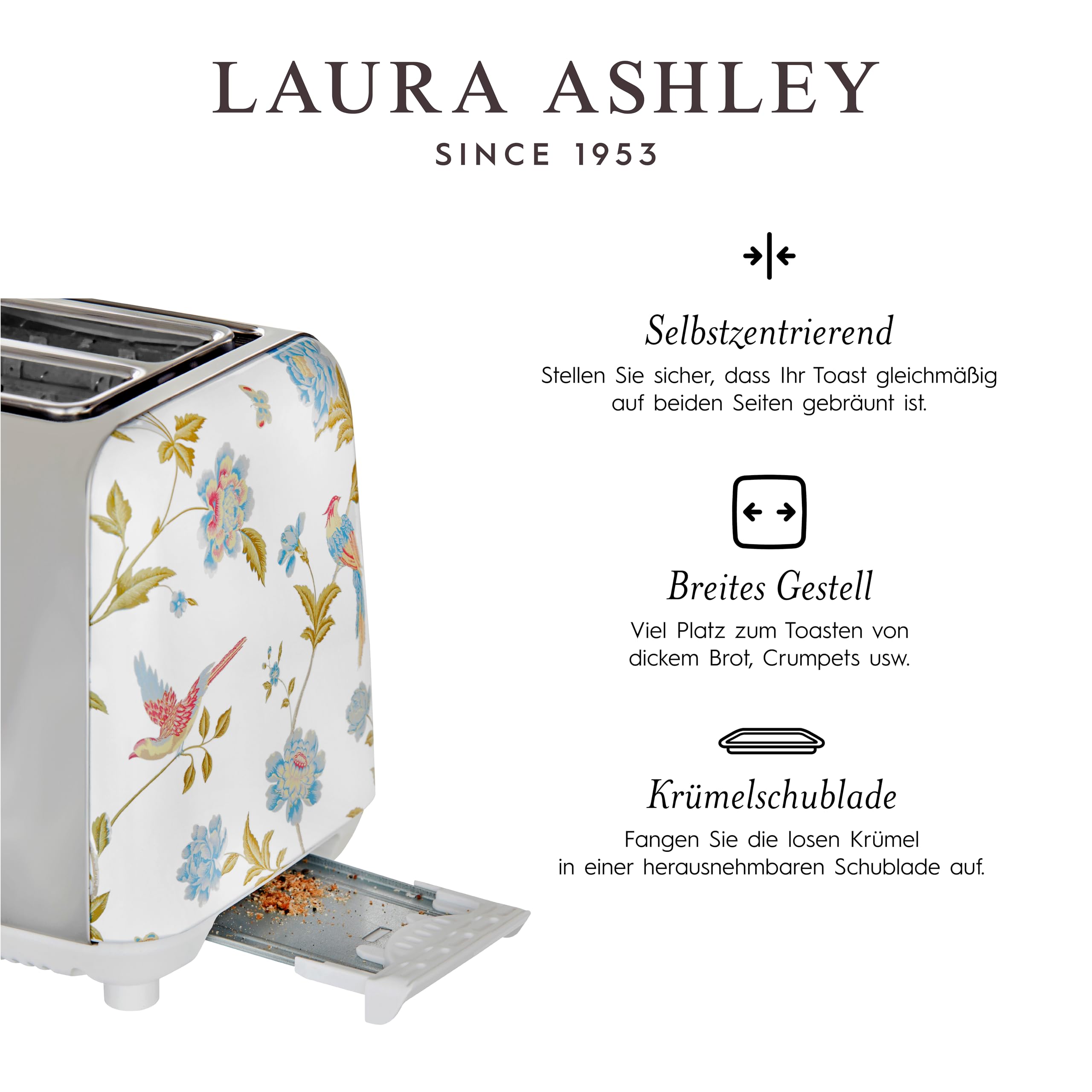VQ Laura Ashley 2-Scheiben-Toaster mit einstellbaren Heiz-, Auftau- und Aufwärmmodi - Edelstahl Vintage-Toaster mit Aufsatz zum Aufwärmen von Croissants - Elveden White
