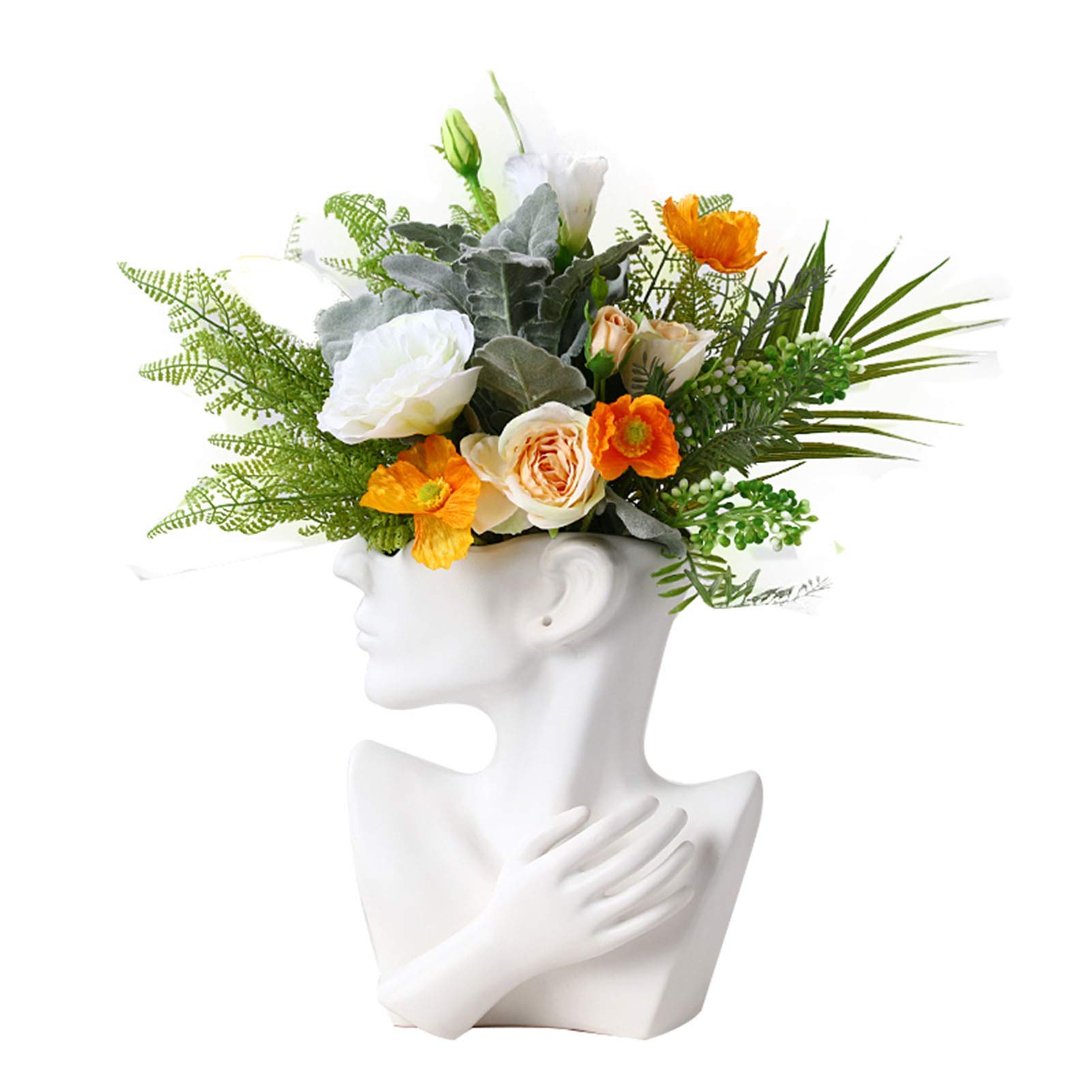 Fiori Artificiali con Vaso Fiori di Seta Finti in Vaso di Ceramica con Decorazione di Fiori Volti Umani per La Festa in Ufficio Tavolo di Casa(A)