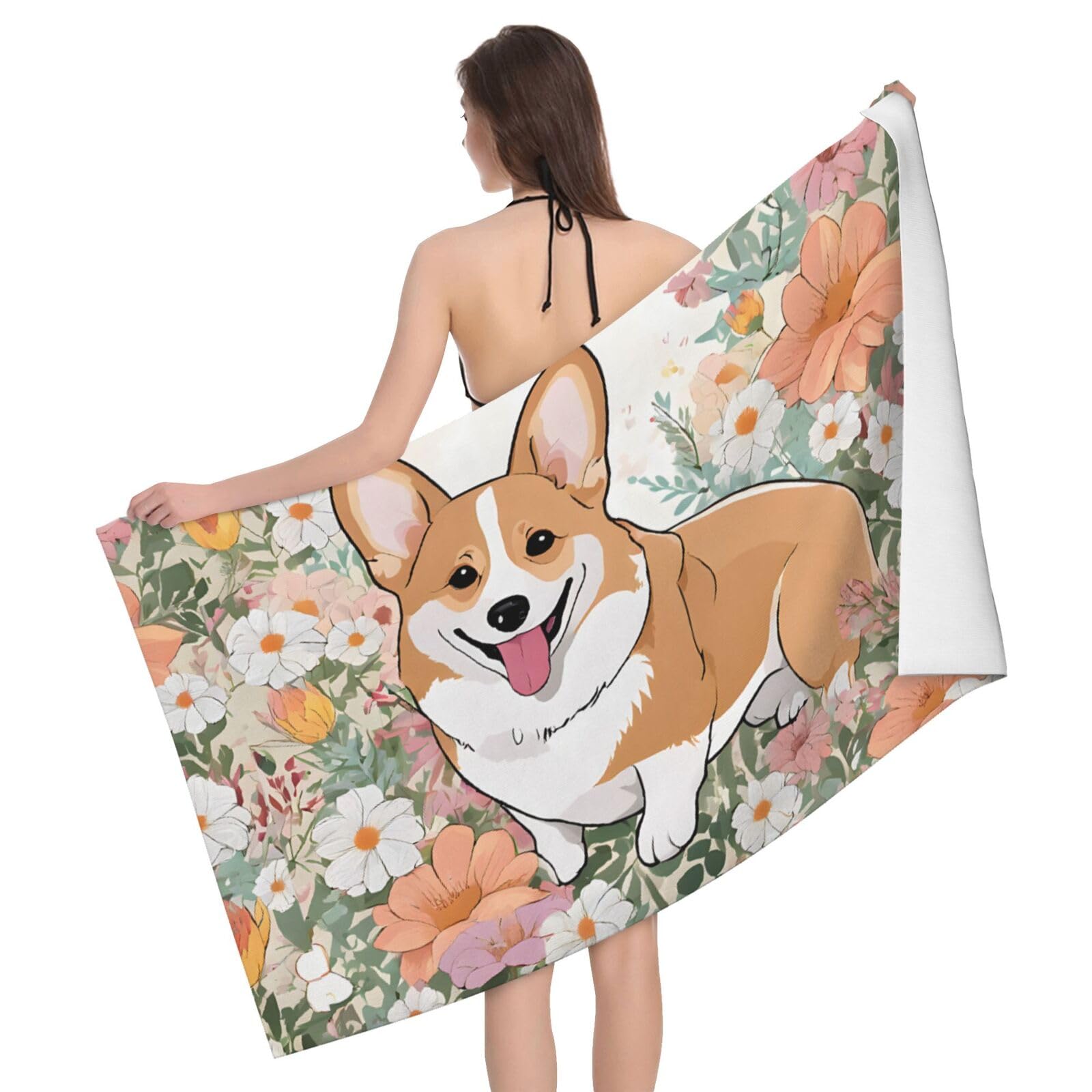 Uenffkdap White Corgi Floral Flowers Microfiber Absorbent Bath Towel, Soft And Absorbent, Used In Bathrooms, Beaches And Swimming Pools.