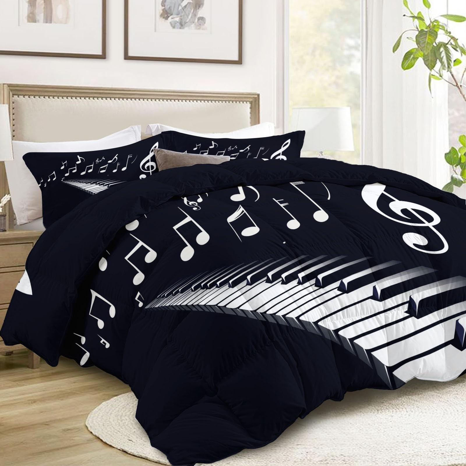Generico Musica Pianoforte Note Musicali Trapunta Invernale Matrimoniale Imbottita in Morbida Microfibra, Piumone Letto Autunno Inverno Traspirante Anallergico Fantasia 2 Piazze, 220 x 240 cm, Nero