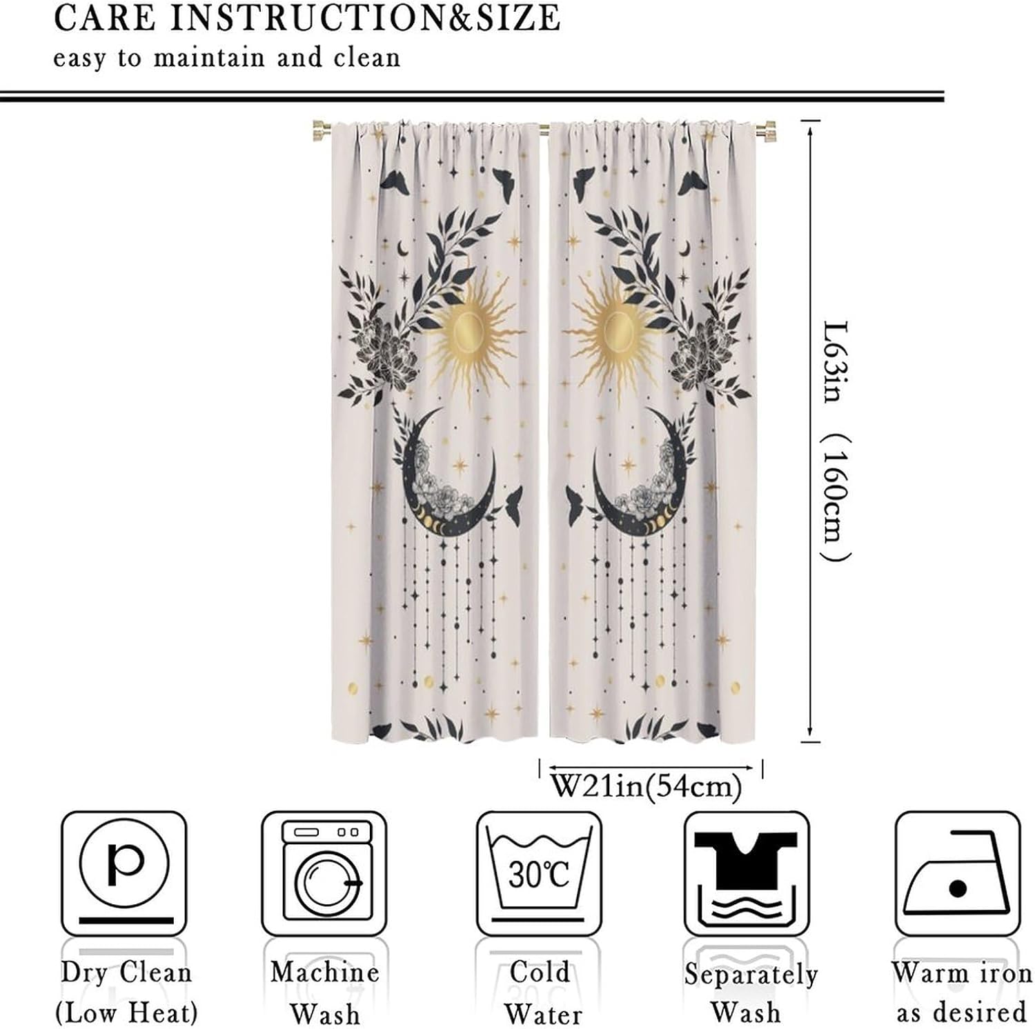 Vintage Boho Beige Minimalism Curtains, Sun Moon Star Butterfly Rose Seamless Pattern, Rod Pocket Thermal Insulation Blackout Window Treatments for Living Room Bedroom Bathroom (21x63in) x2 Panels