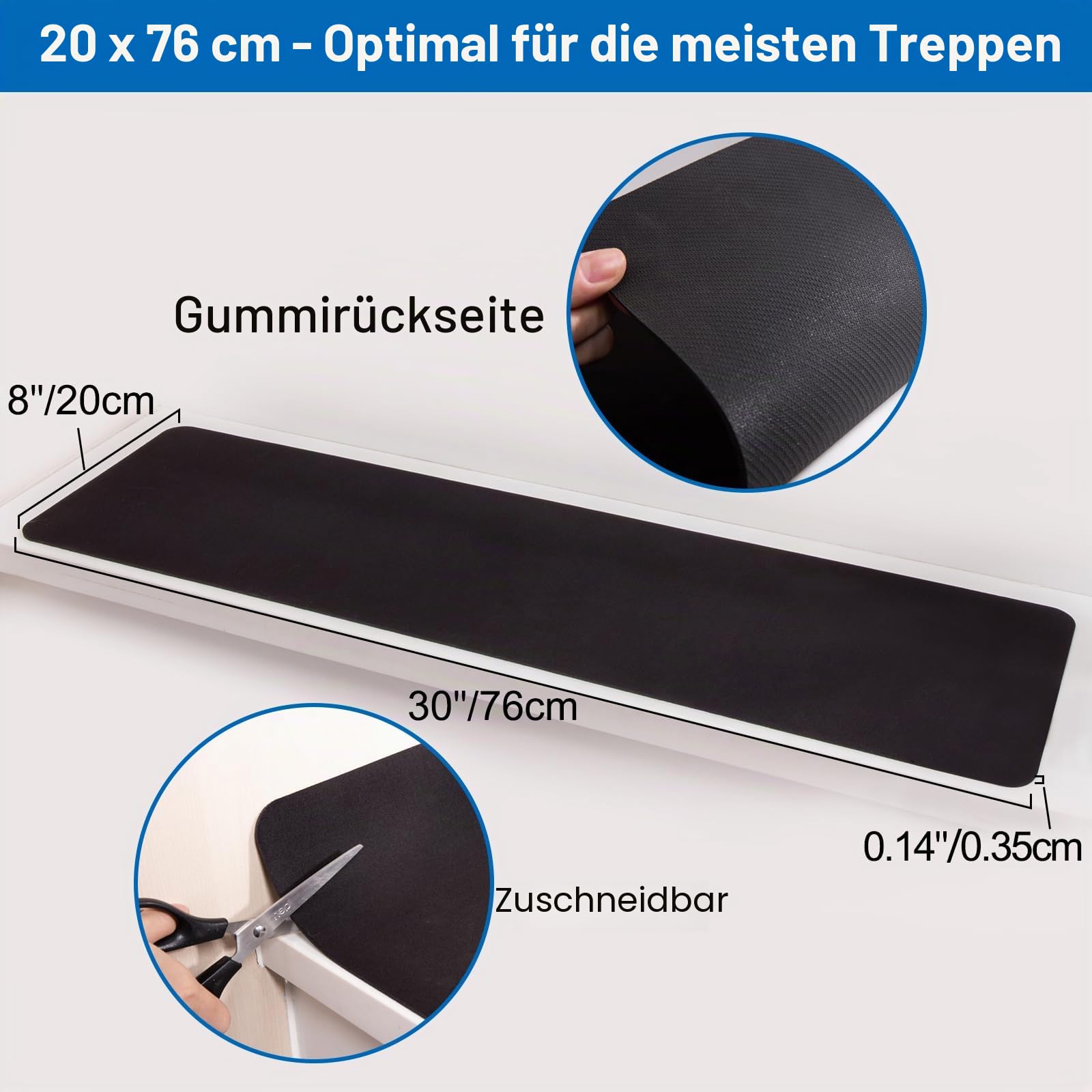 Treppenstufen Antirutsch Matten aus Synthesekautschuk [7 Stück], Stufenteppiche mit rutschfestem Gummirücken, 76x20 cm, inkl. Klebeband, Schwarz
