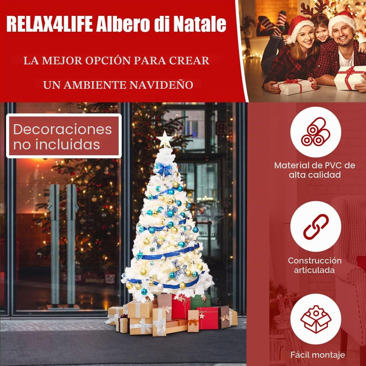 RELAX4LIFE Árbol de Navidad Artificial Blanco 150/180/210/240 cm, Arvore de Natal de PVC con Soporte de Metal, Árbol de Navidad Decorativo para Salón, Jardín, Tienda y Oficina (240 cm, 1138 Ramas)