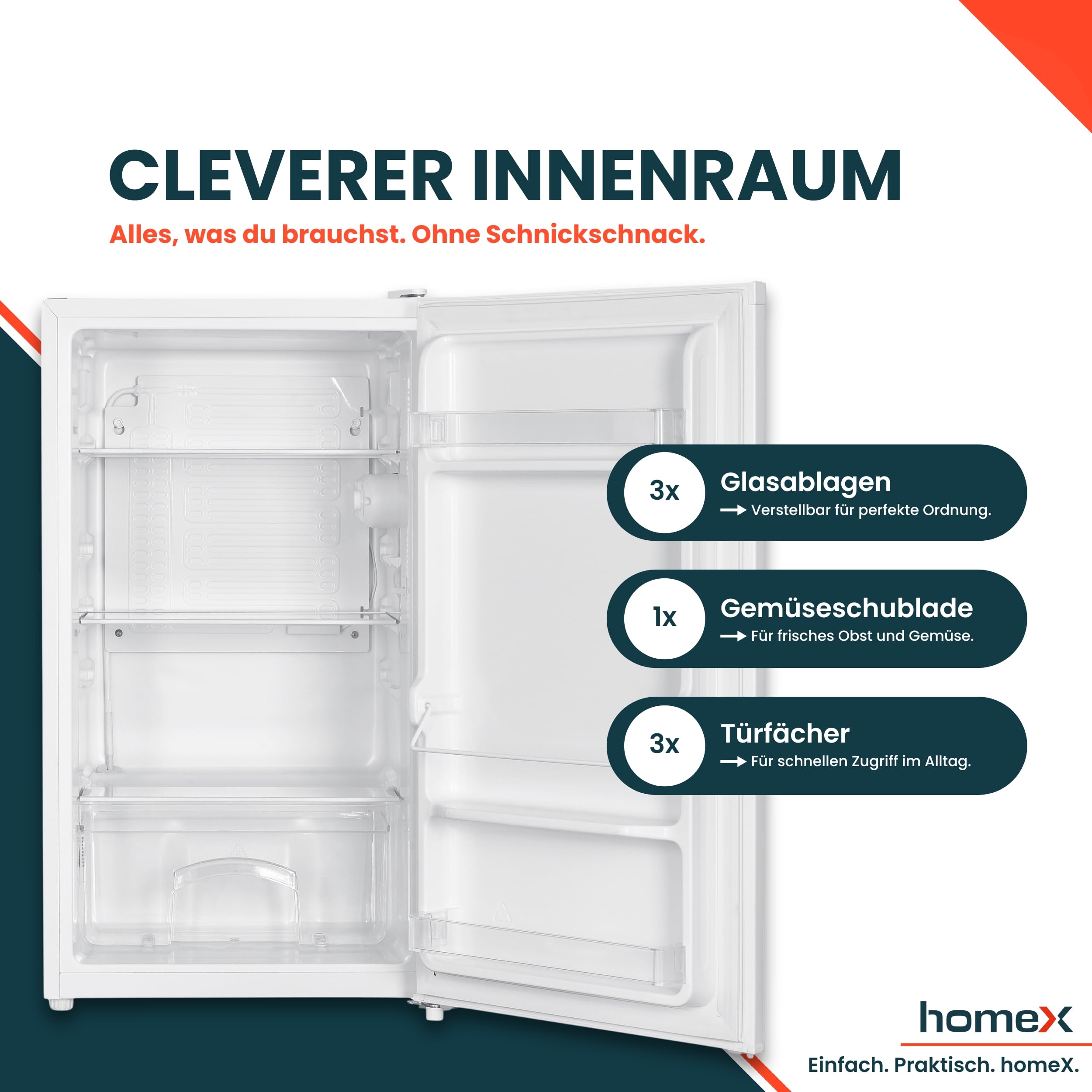 homeX Kühlschrank ohne Gefrierfach, Vollraumkühlschrank klein 88L, freistehend, leise 39 dB, weiß CS1016-W
