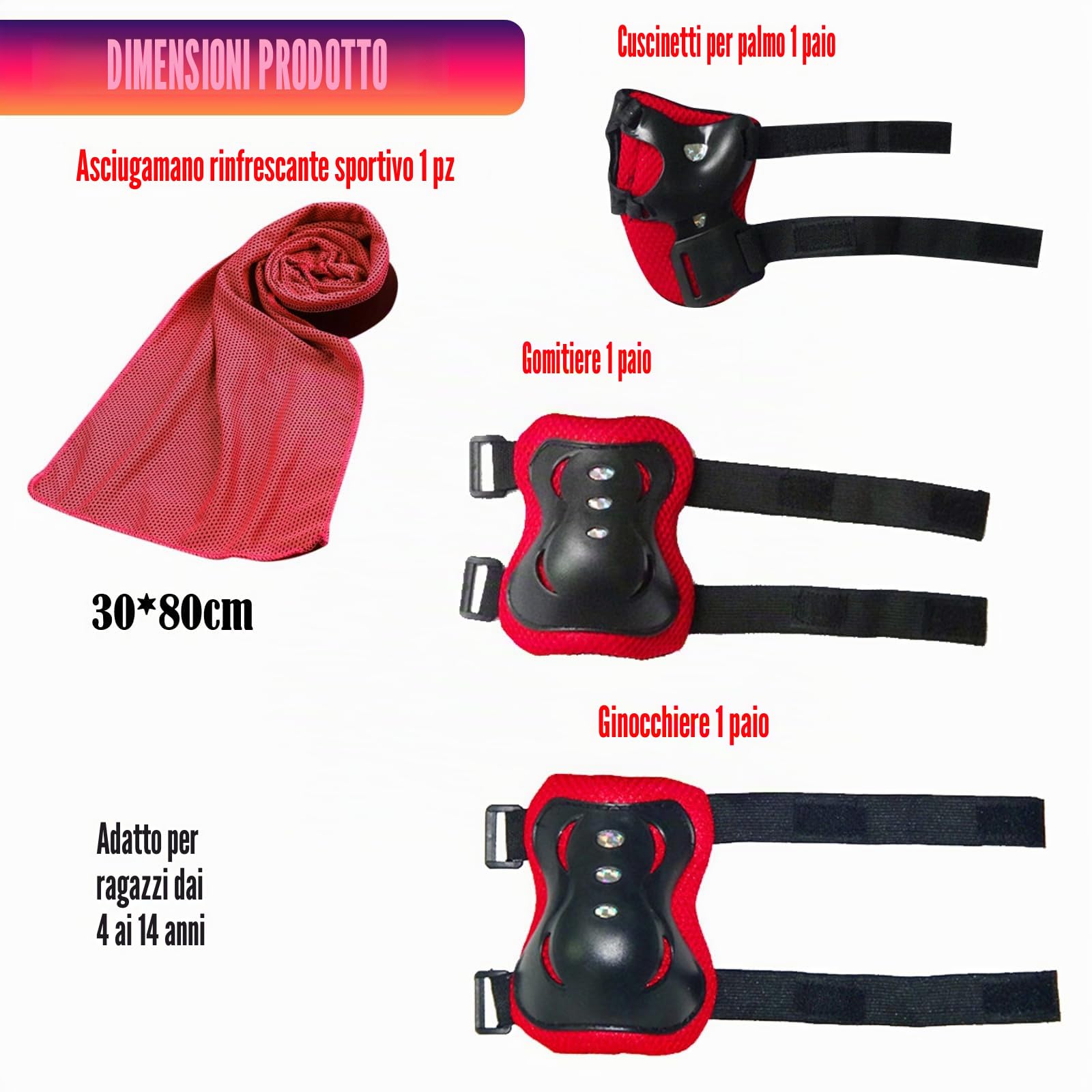 JSTHHTT Protezioni Skateboard Bambino,Set di Protezioni per Bambini,Protezioni Pattini Ginocchiere Gomitiere,Regolabile Ginocchiere Gomitiere per Skateboard Bicicletta Pattinaggio Monopattino,Rosso
