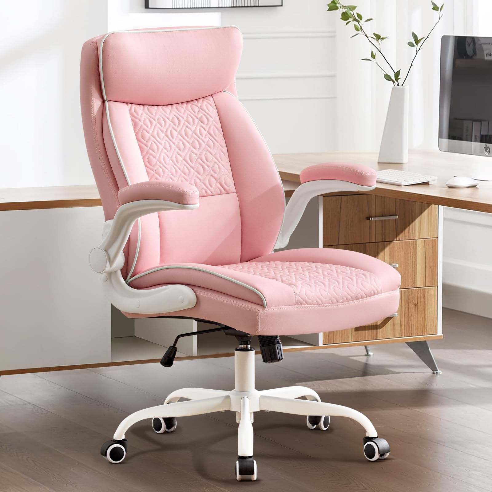 Hellove Chefsessel Bürostuhl 185kg Ergonomischer Kunstleder Schreibtischstuhl mit Verstellbarer Rückenlehne und Klappbaren Armlehnen, Drehstuhl mit Kopfstütze Computerstuhl Home Office Stuhl, Rosa