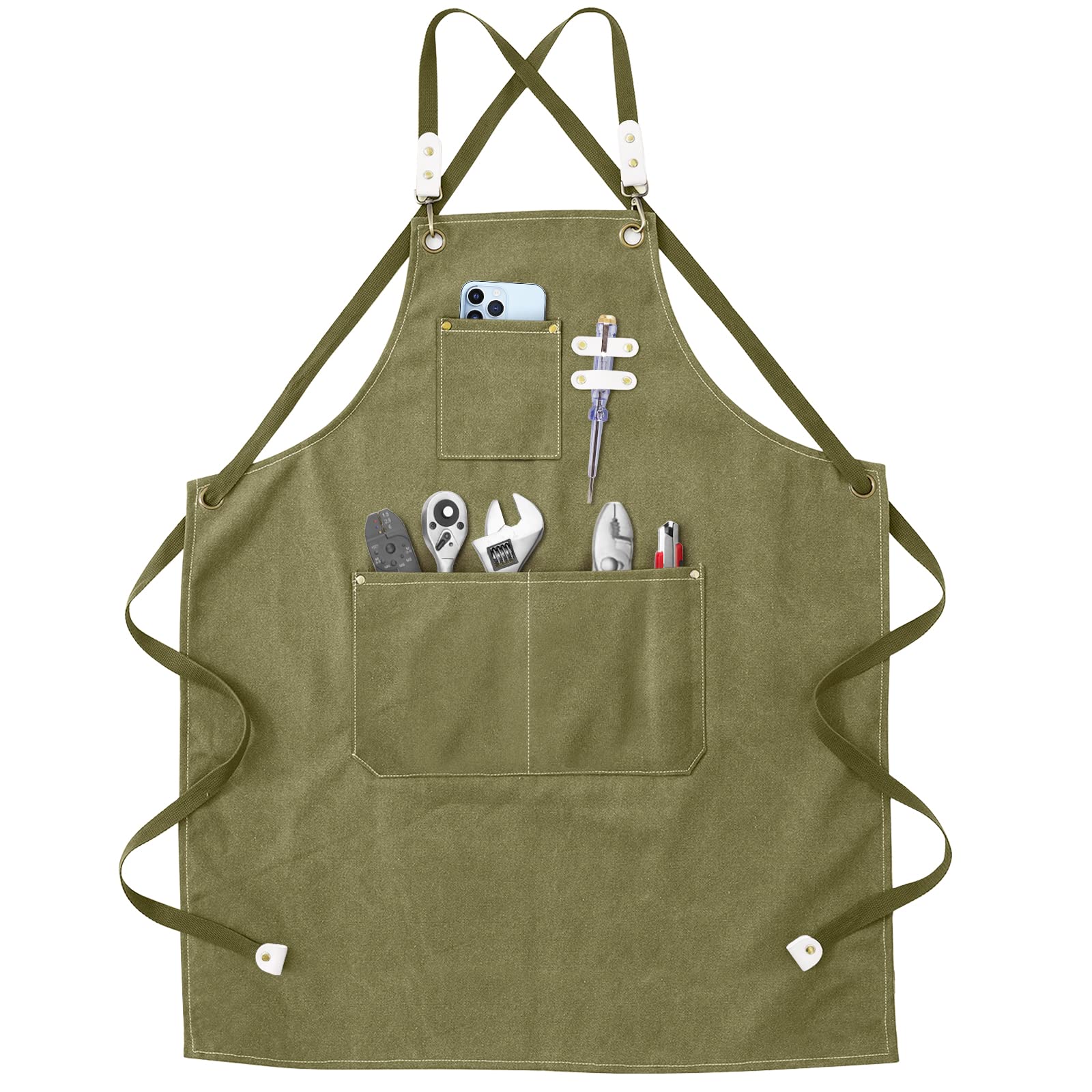 Grembiule da Lavoro - Grembiule da Saldatura con Tasche per Attrezzi Cinghie Incrociate Regolabili sul Retro Indumenti Protettivi per Uomo e Donna Perfetto per Giardino,Cucina,Garage (Verde) 78*57cm