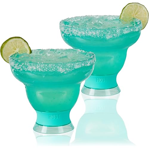 HOST FREEZE Stemless Margarita Glasses, Insulated Plastic Cocktail Glasses for Frozen Drinks, Double Wall Chiller Cups for Daiquiri, Tiki Drinks, Home Bar, Party Gifts, 12 oz, Set of 2, Aqua Blue