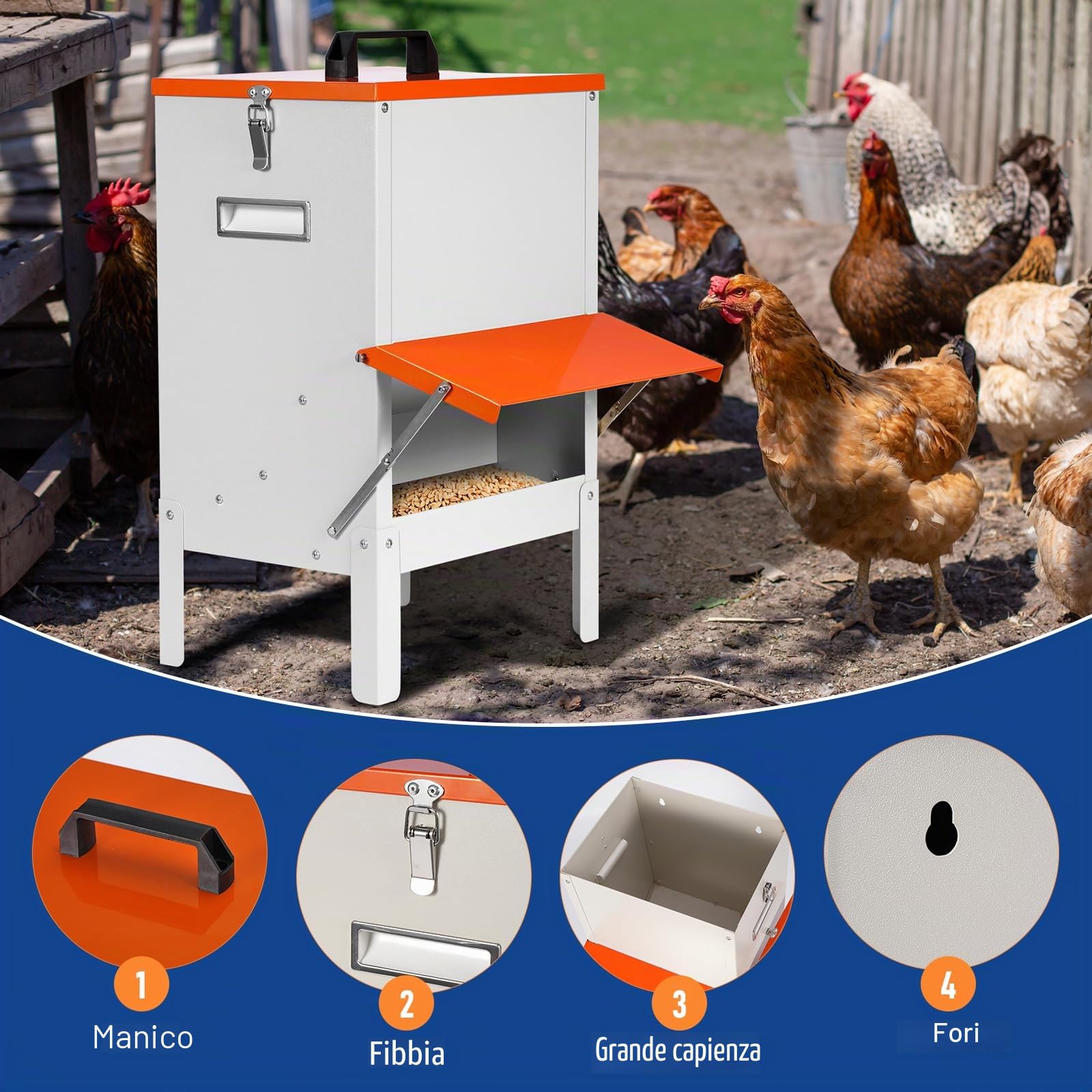 Mangiatoie Automatiche per Polli, Mangiatoie Metalliche per Pollame Nessuno Spreco Grandi Mangiatoie Sospese con Coperchio per Polli, Anatre, Oche, Piccioni, Cani, 50 Libbre di Mangime per Polli