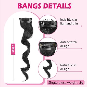 Long Black Side Bangs 2Pcs Set Wavy Curly Clip on Bangs for Women Wavy Curly Clip in Curtain Bangs for Daisy Use
