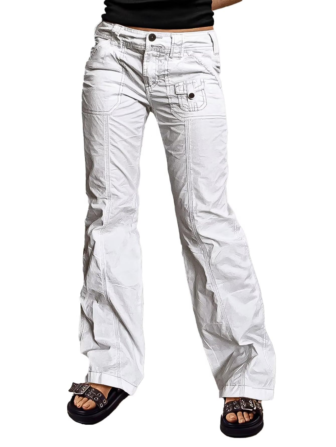 Flamingals Straight Leg Pants for Women Mid Rise Casual Front Patch Pocket Design Solid Seam Pants