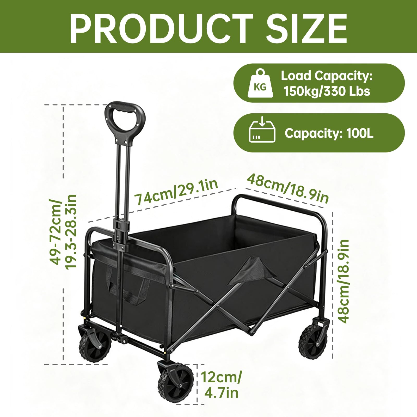 Carro plegable de 100 litros, para uso al aire libre, con asa ajustable para compras, camping y excursiones en la playa, 130 kg de carga, tela Oxford 600D (negro grueso)