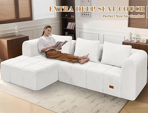 Miniatura 6 de HABUTWAY Sofá modular en forma de L de 103 pulgadas, no requiere montaje, sofá de asiento profundo con 3 almohadas, tapizado de tela suave, tumbona