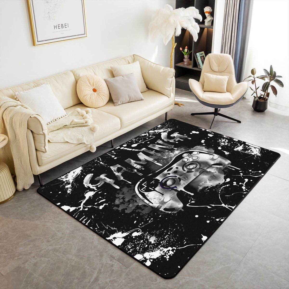 Erosebridal Gamer Non Slip Rug for Boys 3x5,Gaming Area Rug for Boys Girls Teens Gamer Room Decor,Video Game Console Gaming Carpet White Black Grey Tie Dye Decorative Accent Rug Non Shedding
