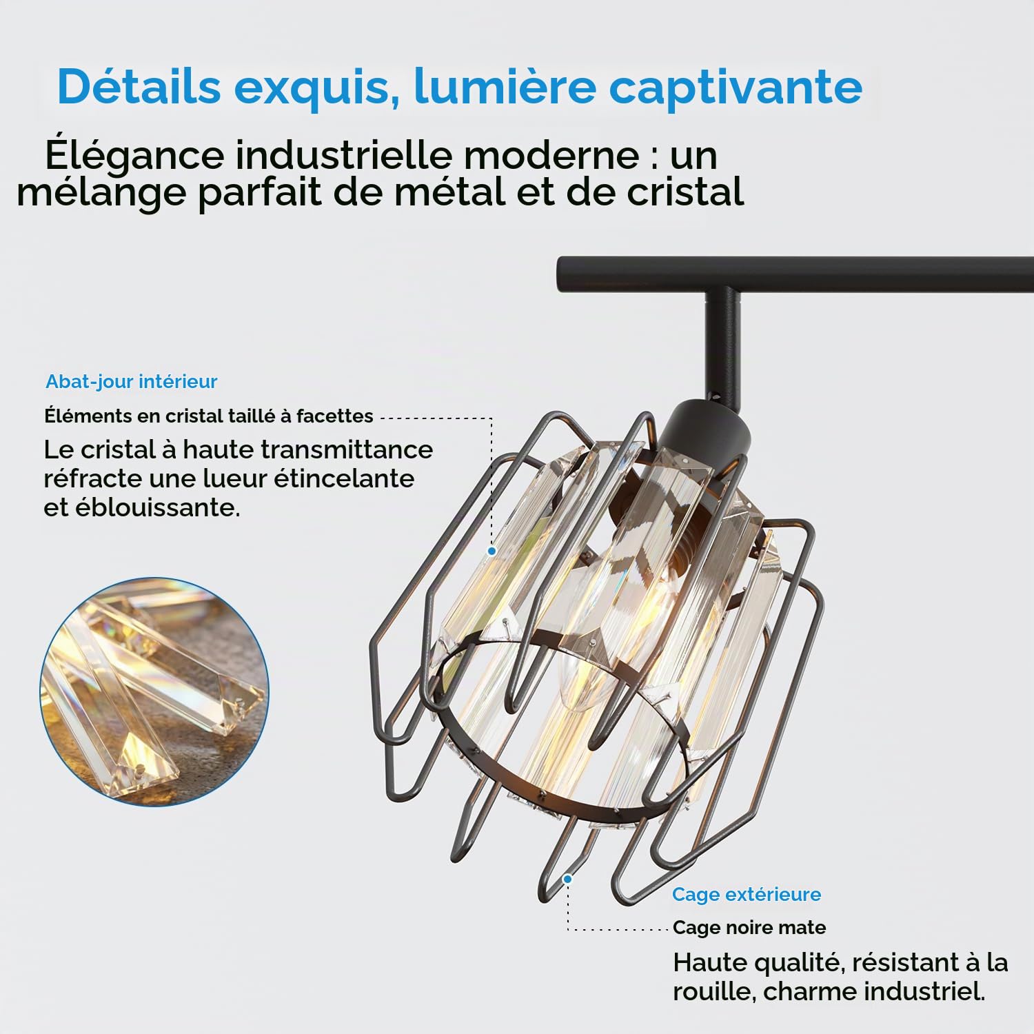 LVWIT Luminaire Plafonnier LED 6 Spots, E14 Luminaires Intérieur Orientable Noir, Spot de Plafond en Cristal, Plafonnier Salon, salle à Manger, Cuisine, Chambre (Sans Ampoules)