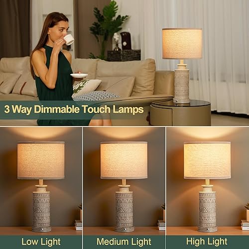 Miniatura 2 de Seealle Juego de 2 lámparas de mesa regulables de 3 vías con control táctil con puertos de carga USB A+C para dormitorio, sala de estar, mesitas de