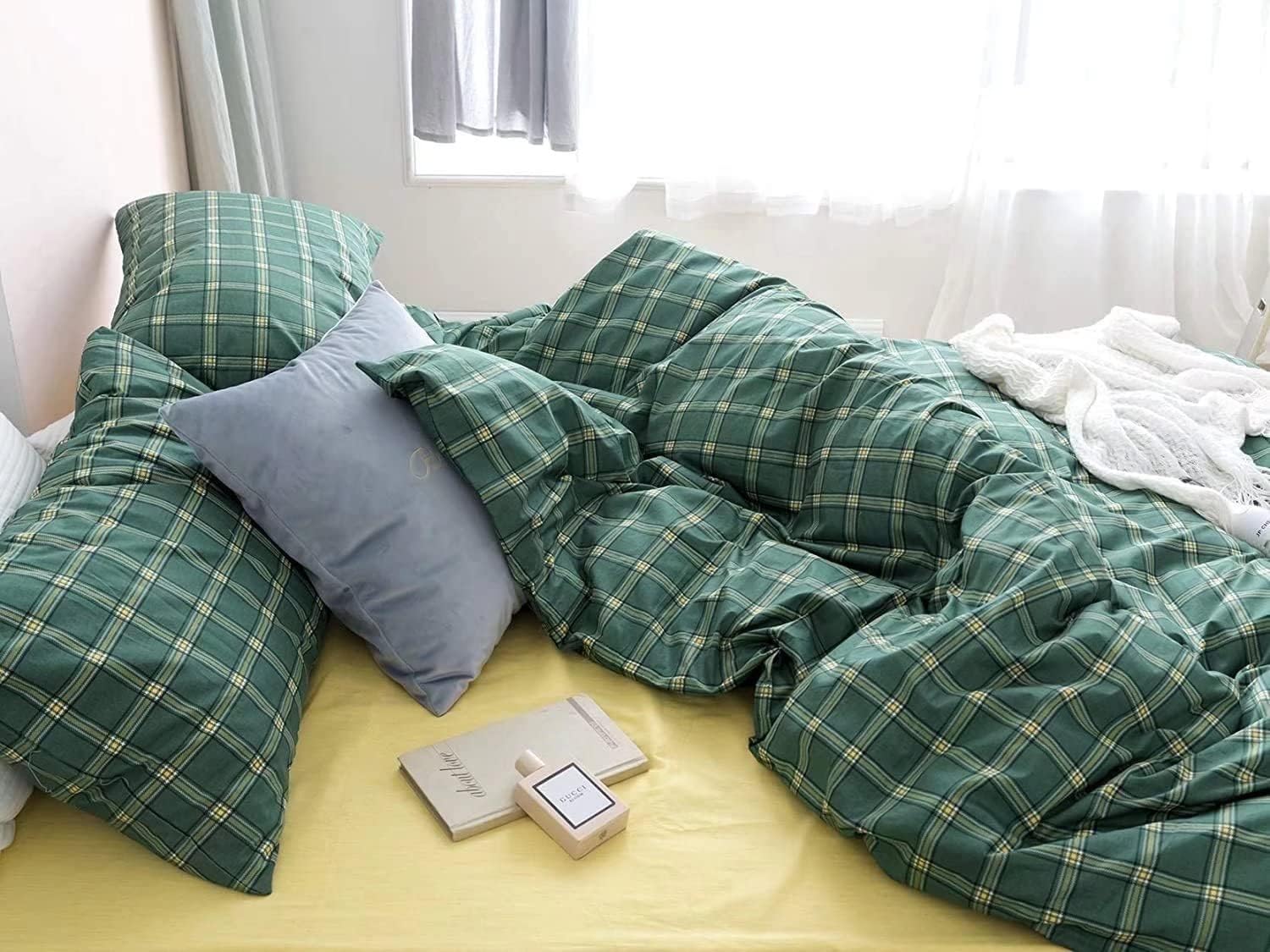 Houseri Plaid Comforter Set - Full Size Green Grid Bedding with Buffalo Checkered Comforter - Emerald and Jade Green Bedding Set - Teen Boys and Girls Quilt