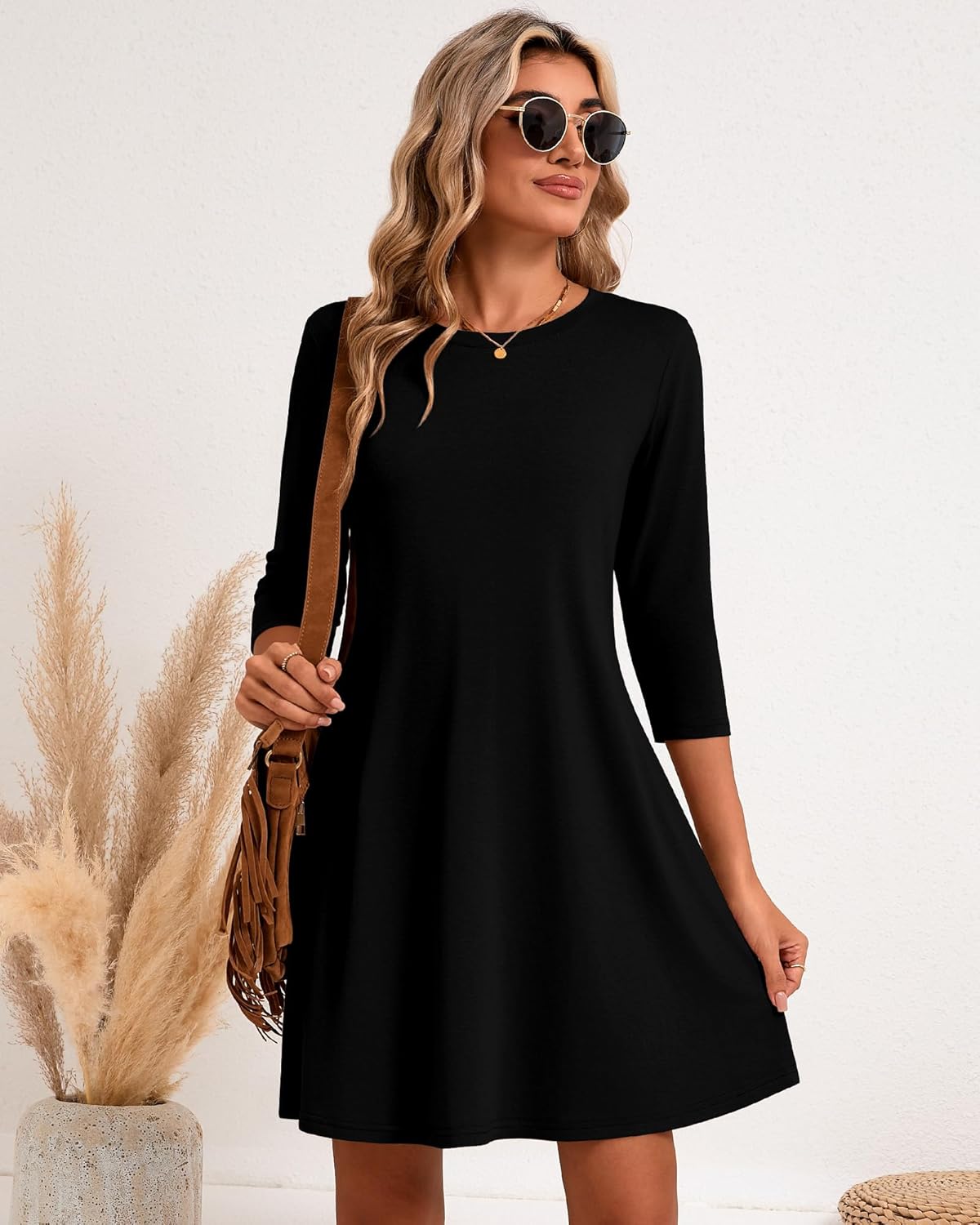 Huukeay 3 Pack Women's 3/4 Sleeve Dresses, Casual Crew Neck Loose fit Swing Autumn T-Shirt Dresses - Image 3