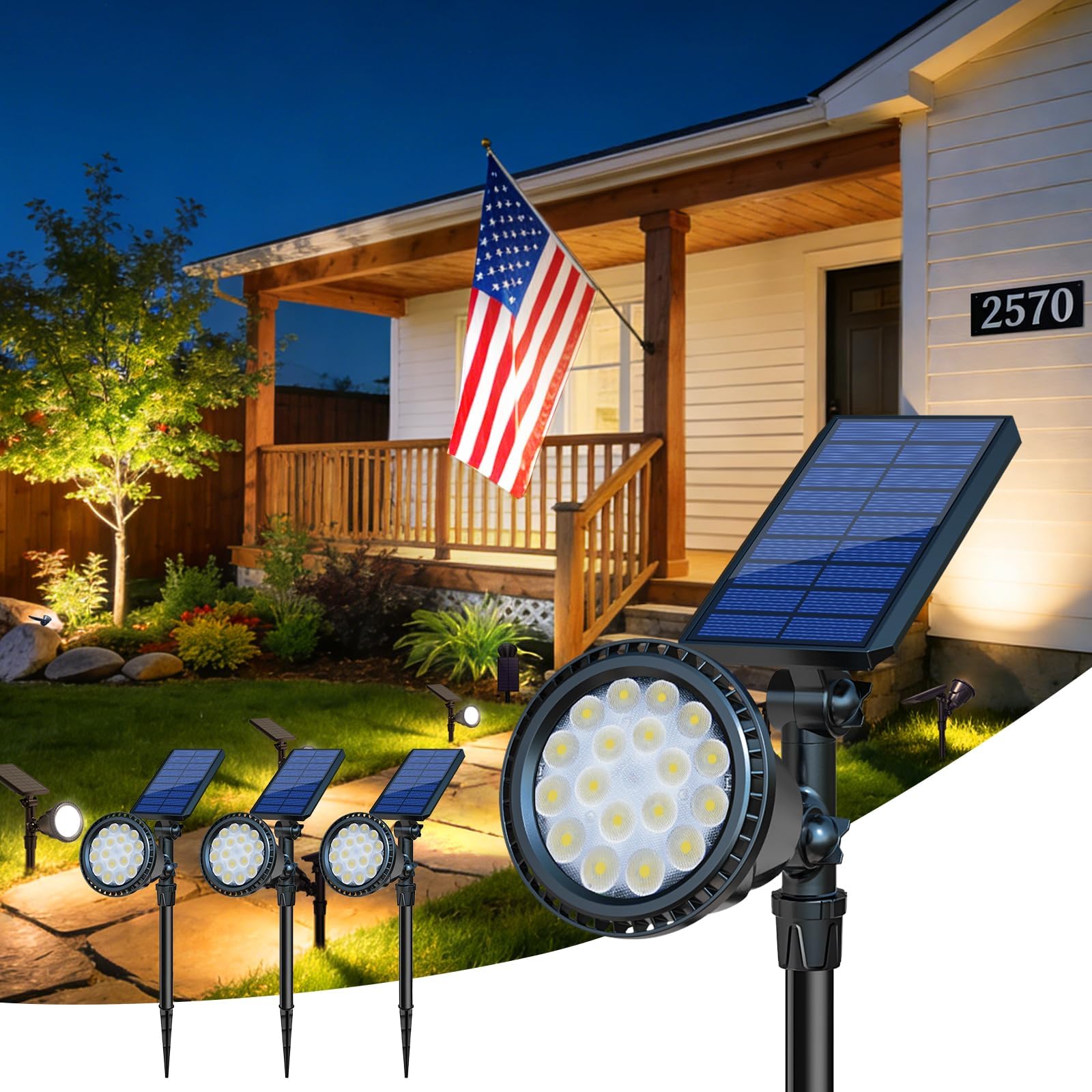 DBF Solar Outdoor Lights, 600LM Solar Spot Lights Outdoor Waterproof, 18 LED Auto On/Off Landscape Lighting Flag Pole Light for Garden Yard Pathway Garage Pool Patio(Warm White, 4 Pack)