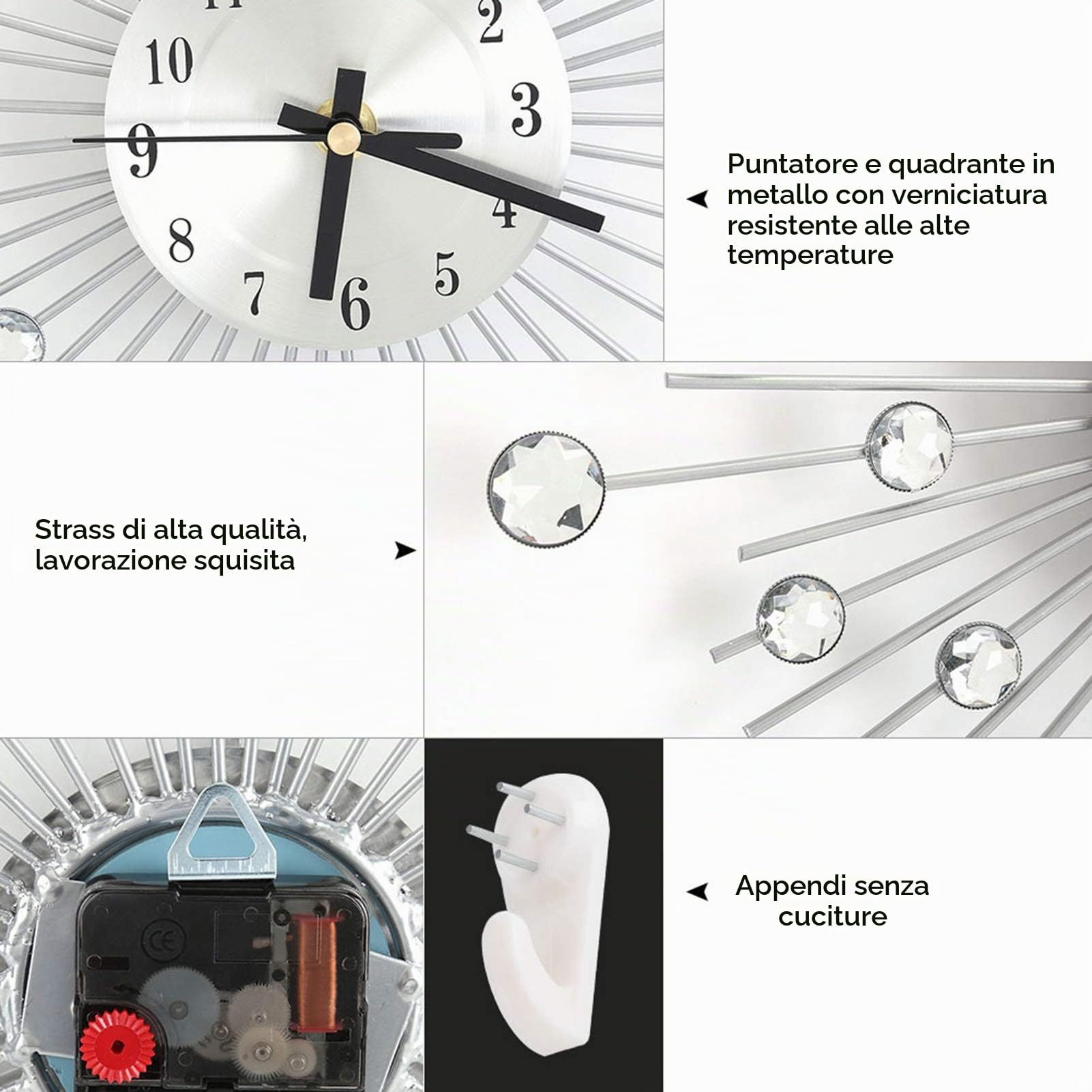 Ausla Orologio da Parete di Cristallo, Silenzioso, Preciso, Decorativo, 30cm, Argento