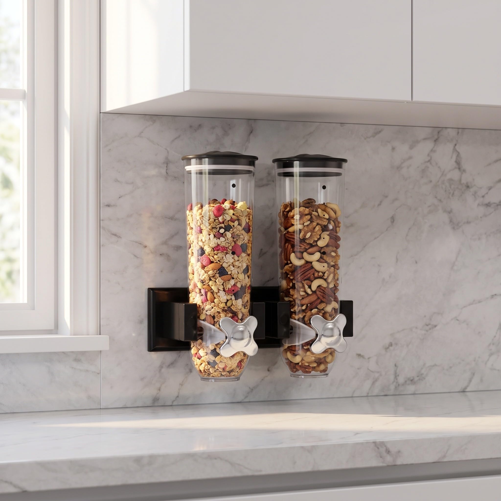 Zerodeko Dispensador de Cereales de Pared - Dispensador Doble de 108 oz con 2 Vasos - Contenedor de Almacenamiento de Cereales, Granos de café y Avena para la Cocina (Plateado)