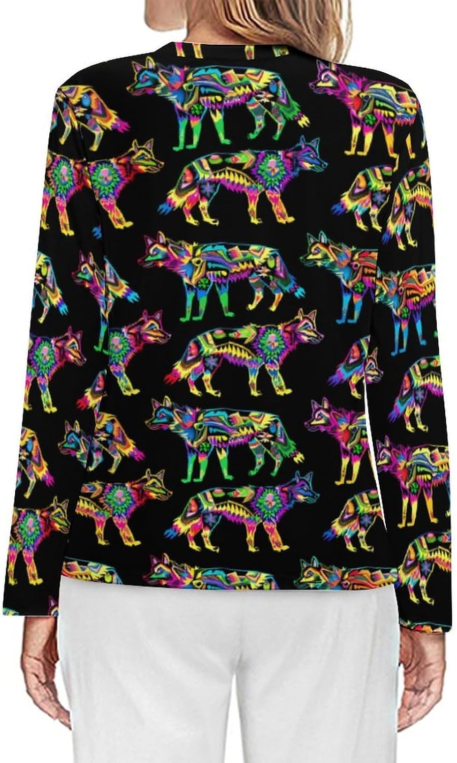 Neon Flower Wolf Women's Pajama Top Sleepwear Pajamas Sleep T-Shirt Long Sleeve Shirt Crewneck Tee