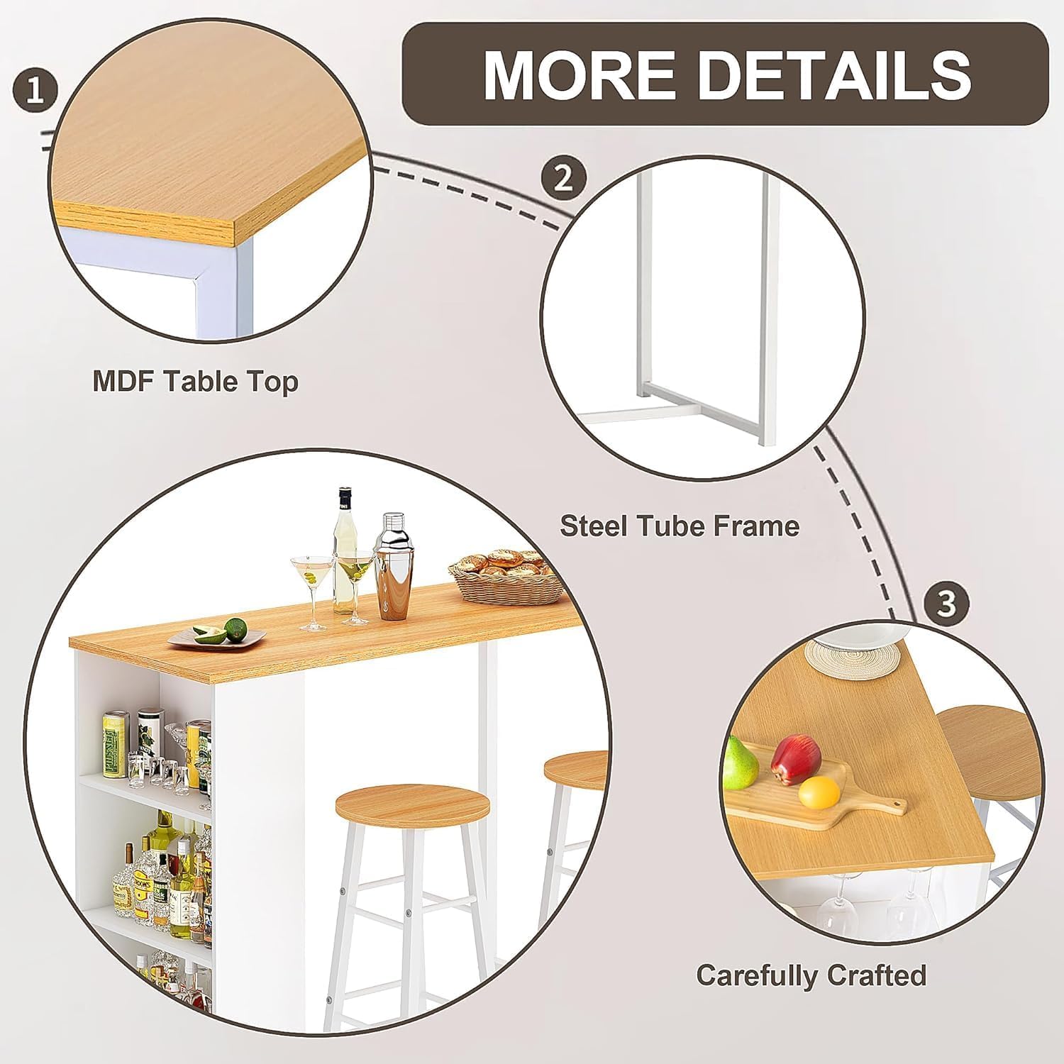 soges Juego de bar con mesa de bar y 2 taburetes altos, 91 x 49,5 x 91 cm, mesa de comedor, mesa de restaurante, mesa de pub con estante de almacenamiento de 3 niveles.
