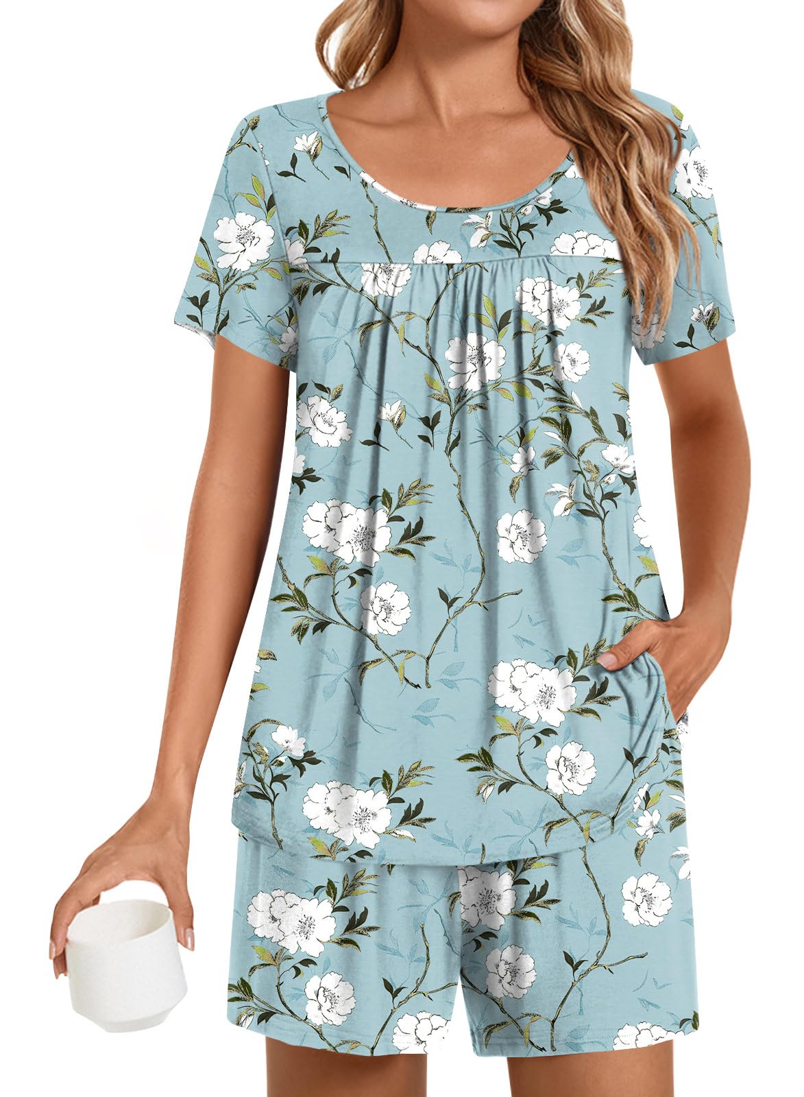 POPYOUNG Womens Pajama Sets Summer Short Sleeves 2 Piece Lounge Sleepwear Ladies Pjs Sets with Pockets