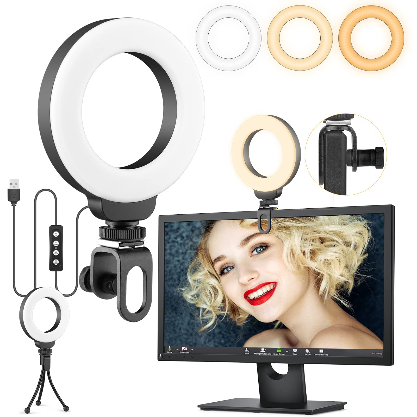 AIXPI 4" Ring Light Clip On, Laptop Light, USB Powered, 3 Color Modes & 10 Brightness Levels, Includes Clip, Mount & Tripod Stand