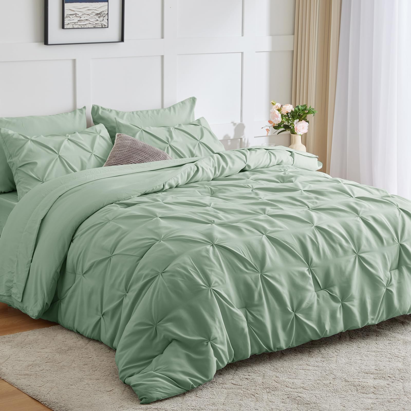 King Size Comforter Set 7 Pieces Bed in a Bag 100% Cotton Sage Green Comforter King Pintuck Bed Sets Pinch Pleat Bedding Sets Comforter, Flat Sheet, Fitted Sheet, Pillowcases & Shams