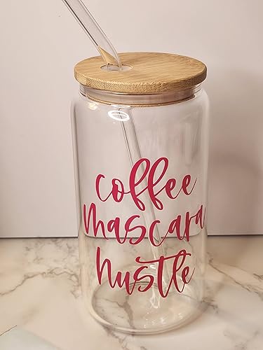 Miniatura 1 de Vaso de vidrio personalizado de 16 onzas café rímel Hustle con tapa de bambú