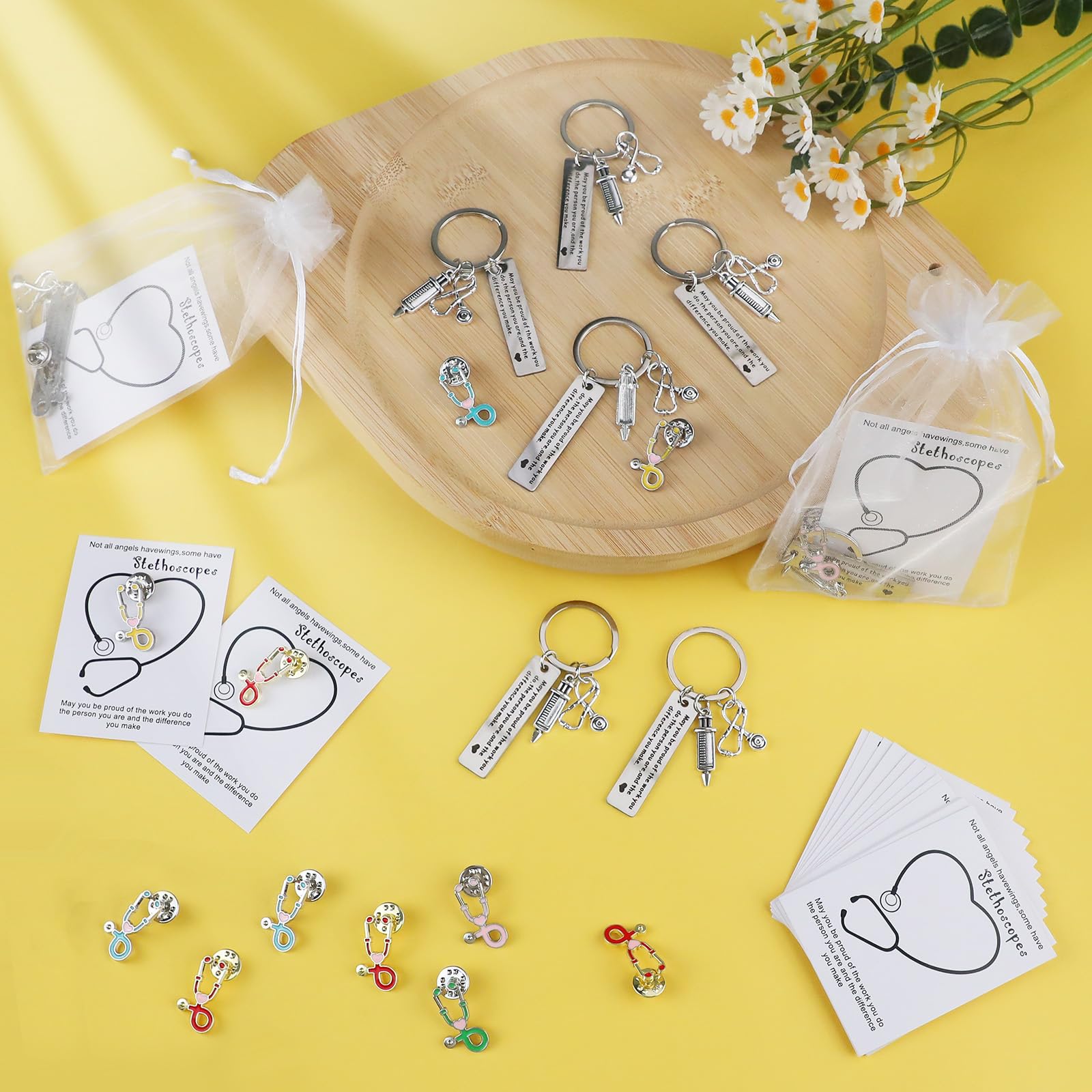 20 Sets Nurse Thank You Appreciation Gifts 20 Nurse Keychains 20 Stethoscope Pins 20 Thank You Cards 20 Organza Bags - Image 4