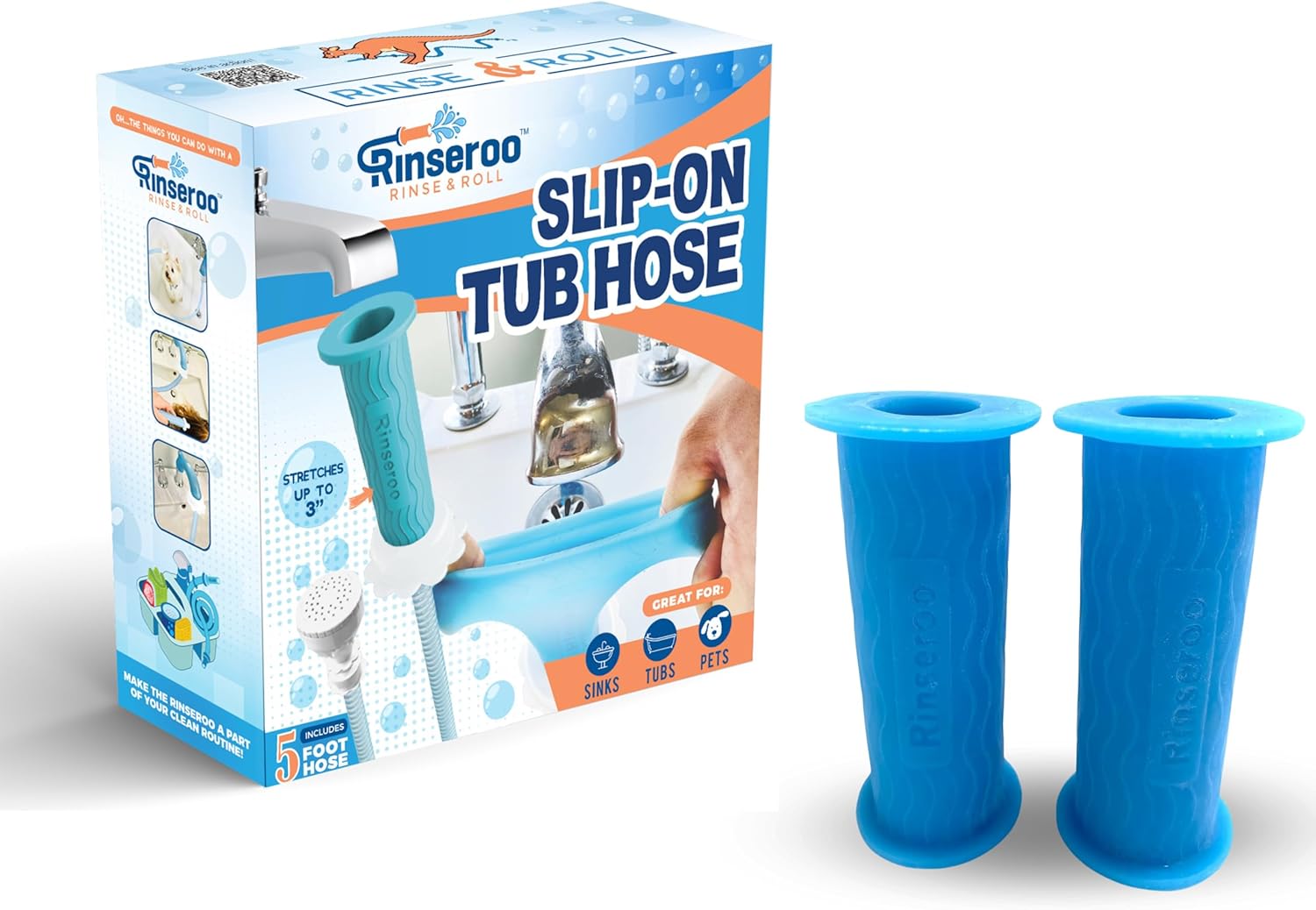 Rinseroo Tub Hose & Replacement Connectors Bundle: No-install, Ultra Flex Hose & 2 Pack Slip-On Hose Attachments for Hair Washing, Baby or Dog Bath - Fits All Spouts Up to 3" Wide