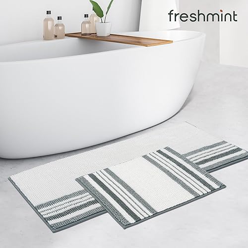 Miniatura 6 de FRESHMINT Juego de alfombras de baño de chenilla a rayas de 2 piezas 17"x24"+20"x47", alfombras de baño grandes para suelo de baño antideslizantes,