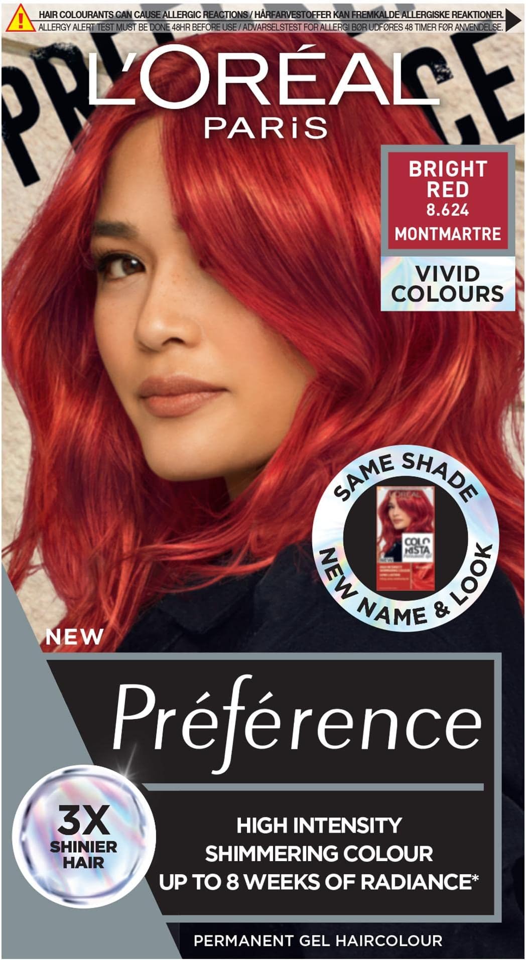 L'Oréal Paris Permanent Hair Colour, Long-Lasting Shine and Intense Colour, For up to 8 Weeks, Preference Vivids (Colorista), Bright Red 8.624, x1 pack
