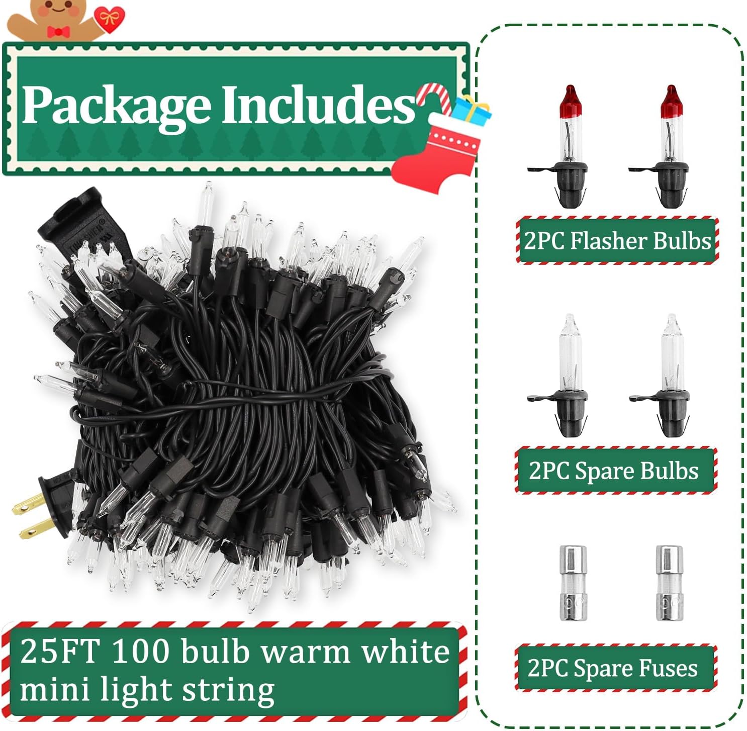 Warm White Christmas Lights Outdoor, 25FT 100 Count Incandescent Mini Christmas Lights Black Wire, Waterproof Fairy Lights, Connectable Xmas String Lights for Christmas Tree, Garland, Wedding Decor