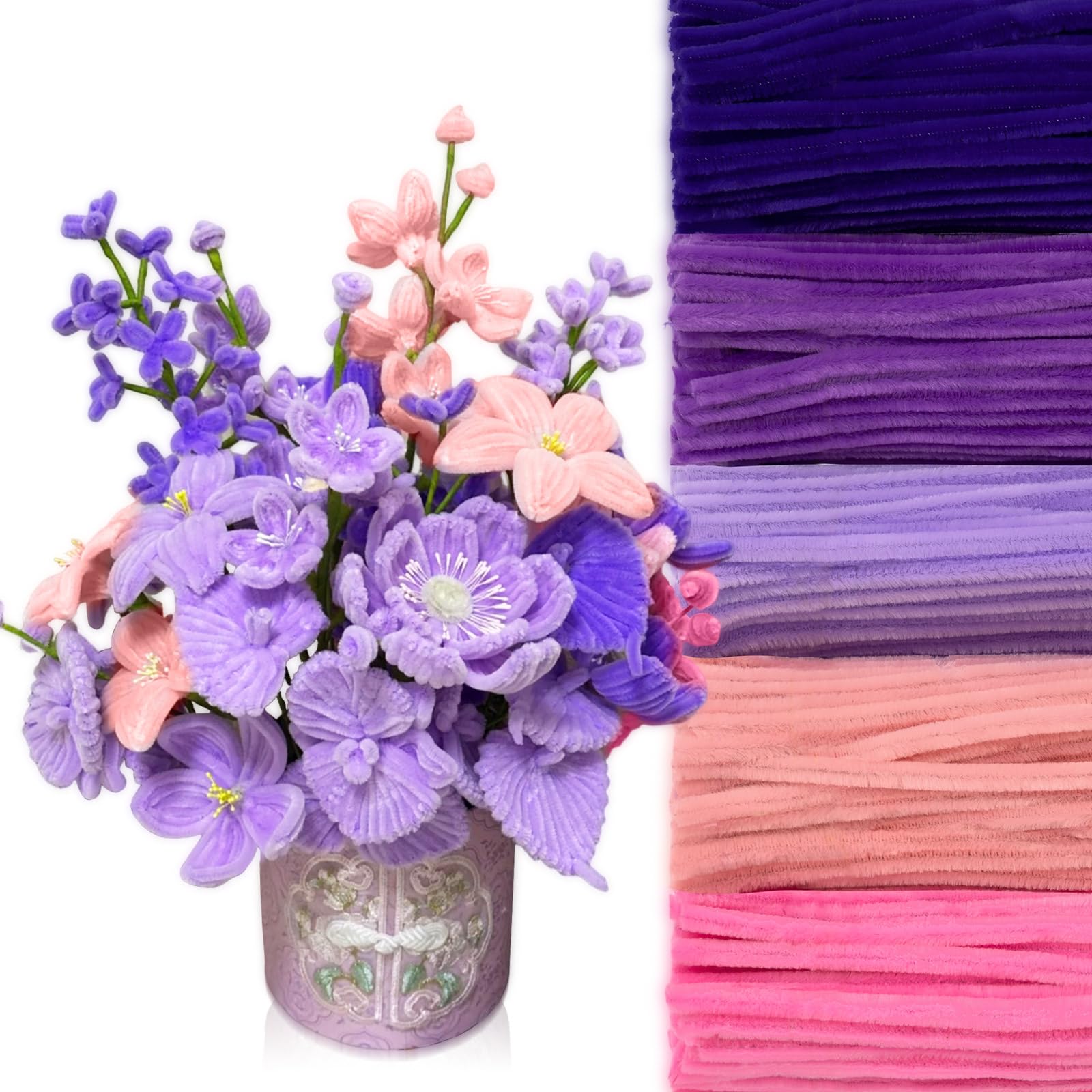 Peryiter 500pcs Pipe Cleaner Craft Pack, Dark Pink &amp; Purple Flower, 12 Inch