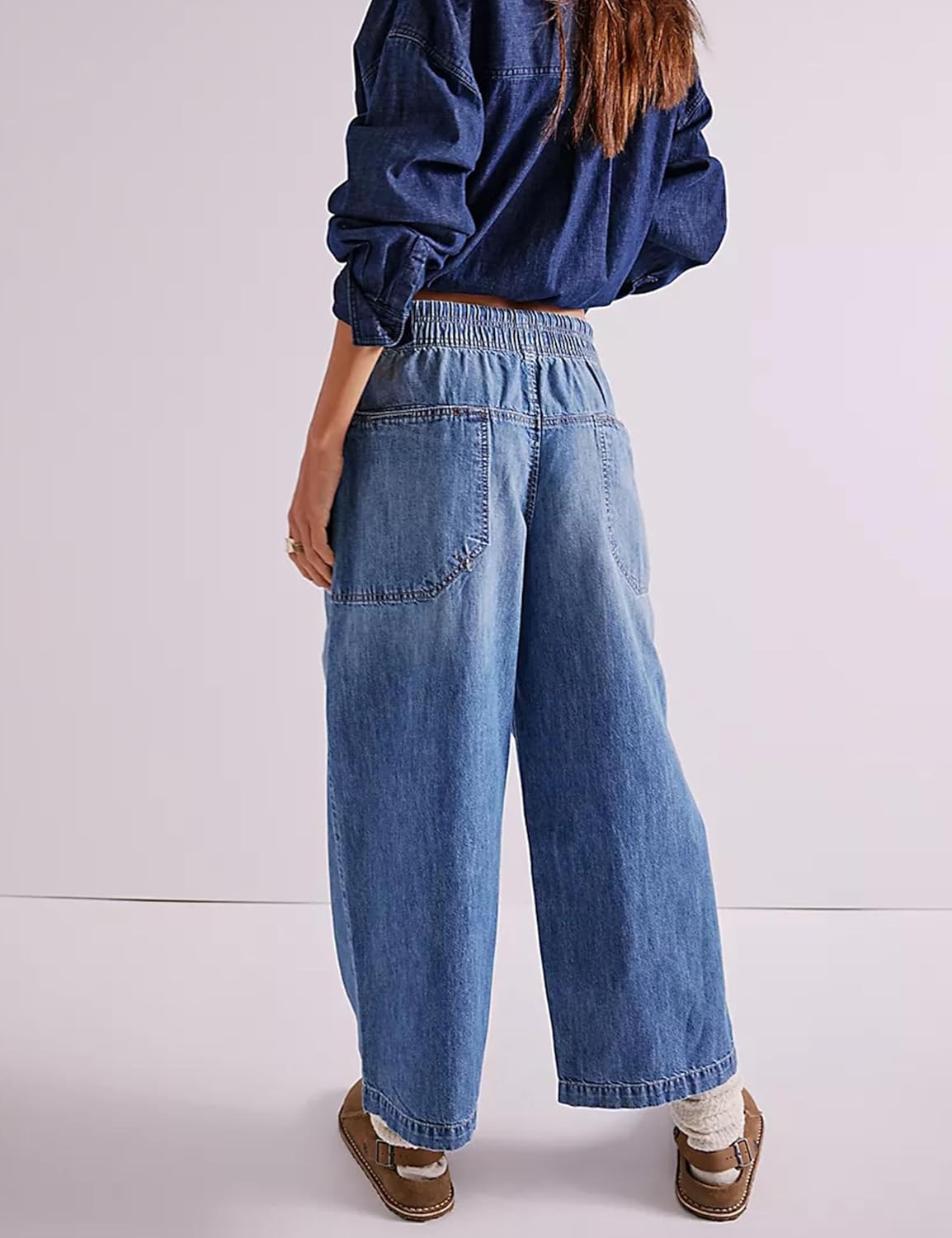 Zontroldy Women's Drawstring Mid Waisted Wide Leg Jeans Loose Fit Straight Leg Denim Pants with Pockets(1476-Navy-L) - Image 5