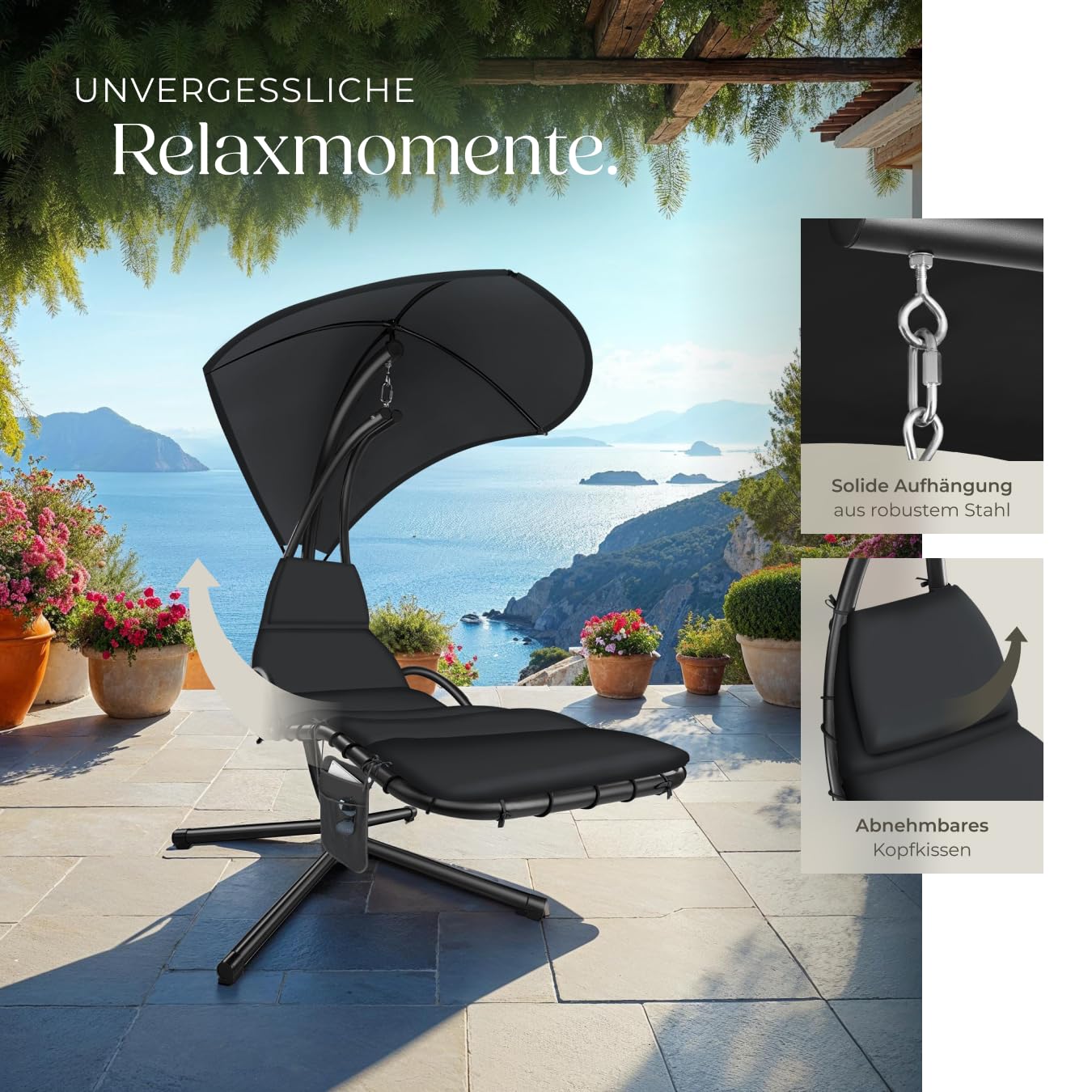 tectake® Hängeliege mit Gestell, Schwebeliege, Schwingliege mit Sonnendach, Schaukelliege, Hängesessel inkl. Tasche, Polsterauflage mit Kopfkissen, für Garten, Terrasse und Balkon - schwarz