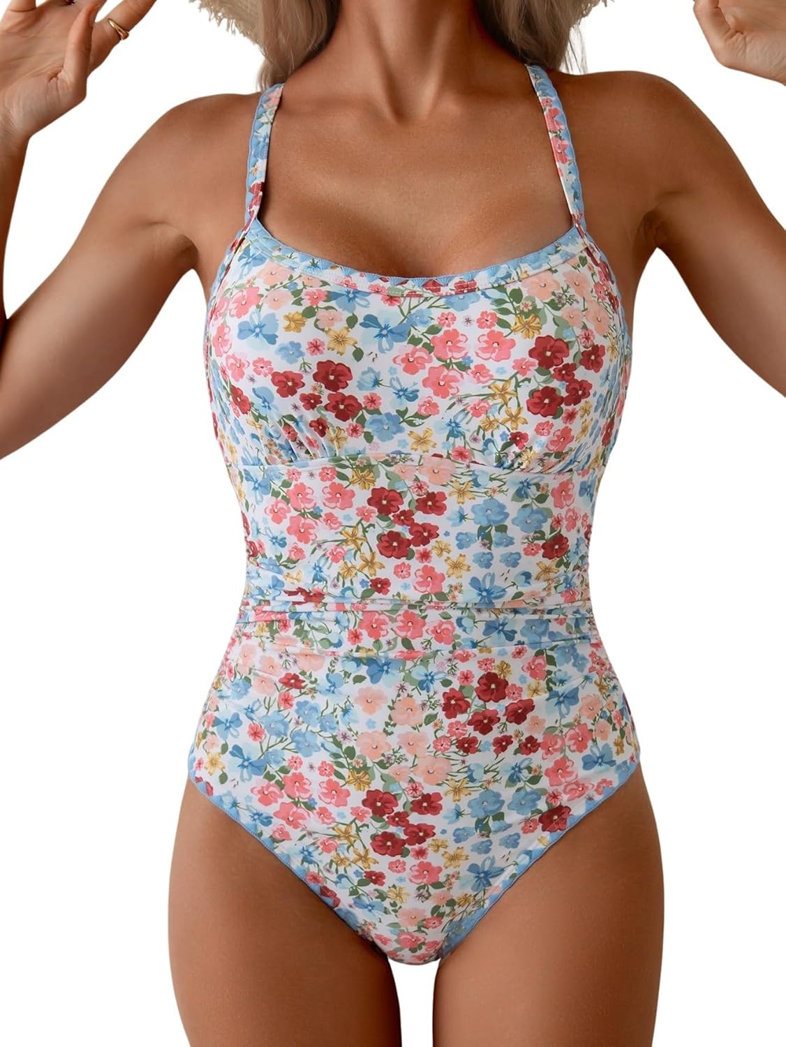 Eomenie Women's One Piece Swimsuit Tummy Control Slimming Bathing Suit Ruched Swimwear Tie Back Shell Stitch Swim Suit