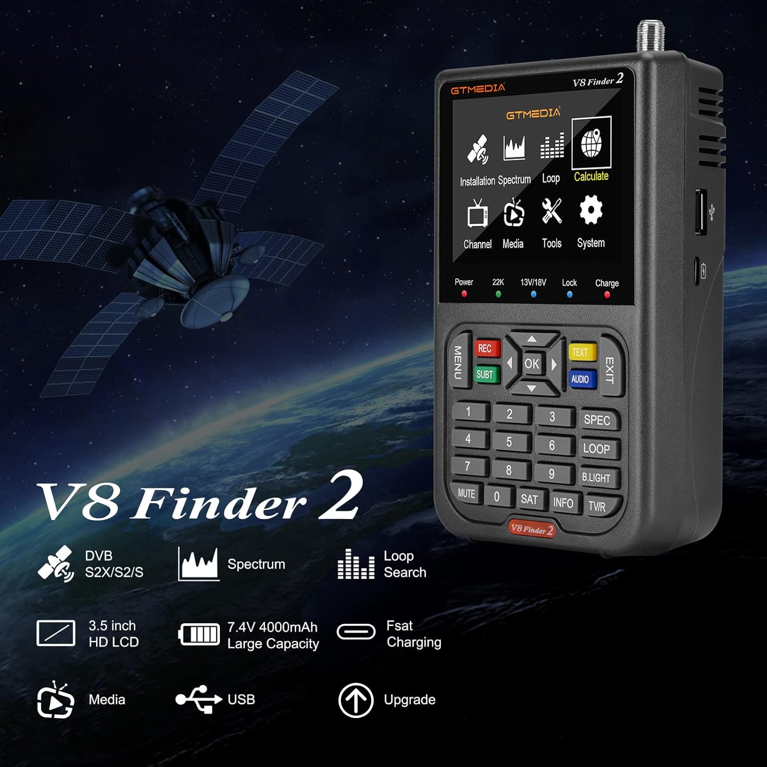 GT Media V8 Finder 2 highlighting its DVB-S/S2/S2X, Spectrum, Loop Search, 3.5 inch HD LCD, 7.4V 4000mAh battery, Fsat Charging, Media, USB, and Upgrade features.