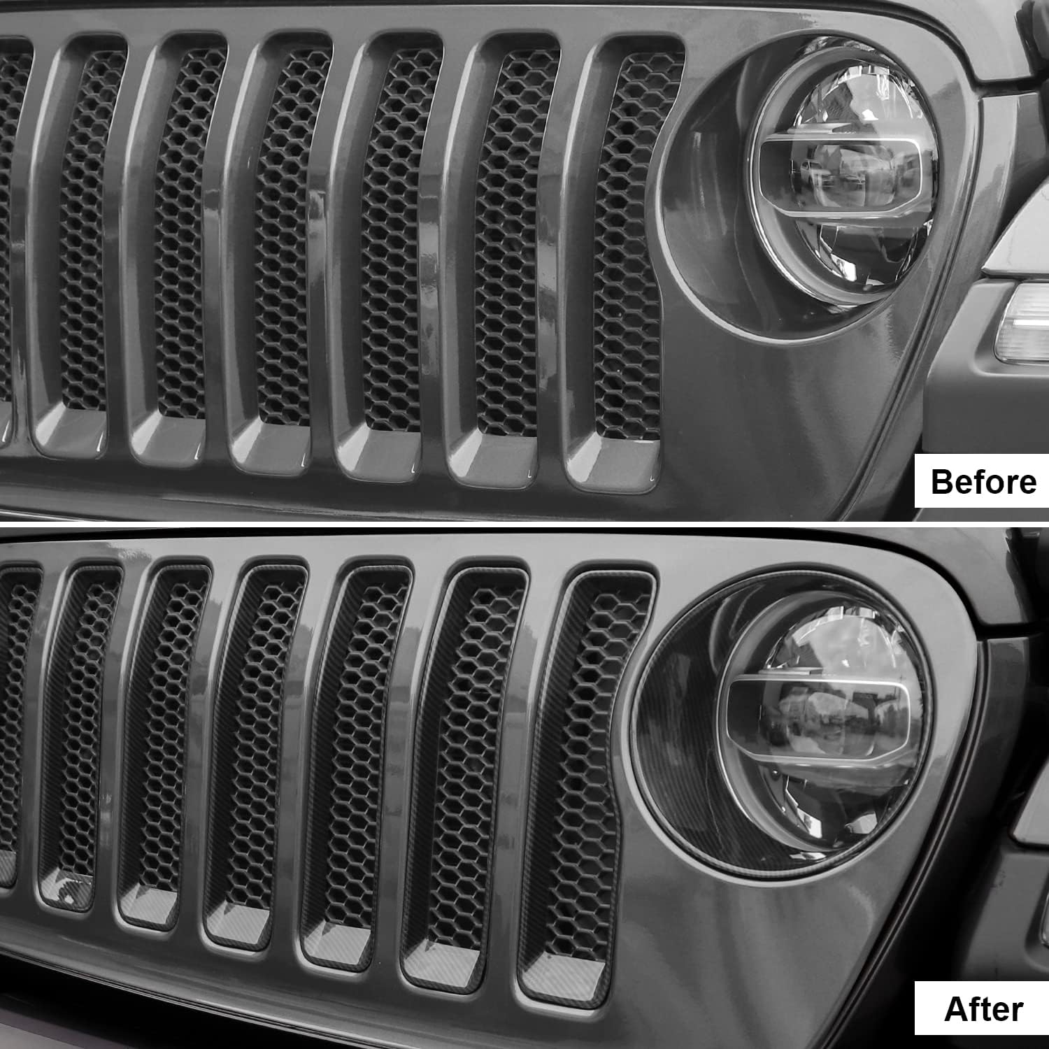 CheroCar for JL Mesh Grille Grill Insert & Headlight Turn Light Cover Trim Exterior Accessories for Jeep Wrangler JL 2018-2023,Carbon Fiber