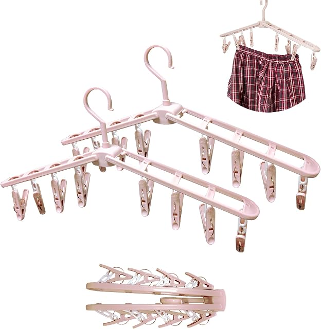 Fineget Collapsible Clothes Travel Hangers with Clips Shorts Skirt Shirt Socks Drying Racks Non Slip Closet Laundry Organization Hangers Pink 2 Sets