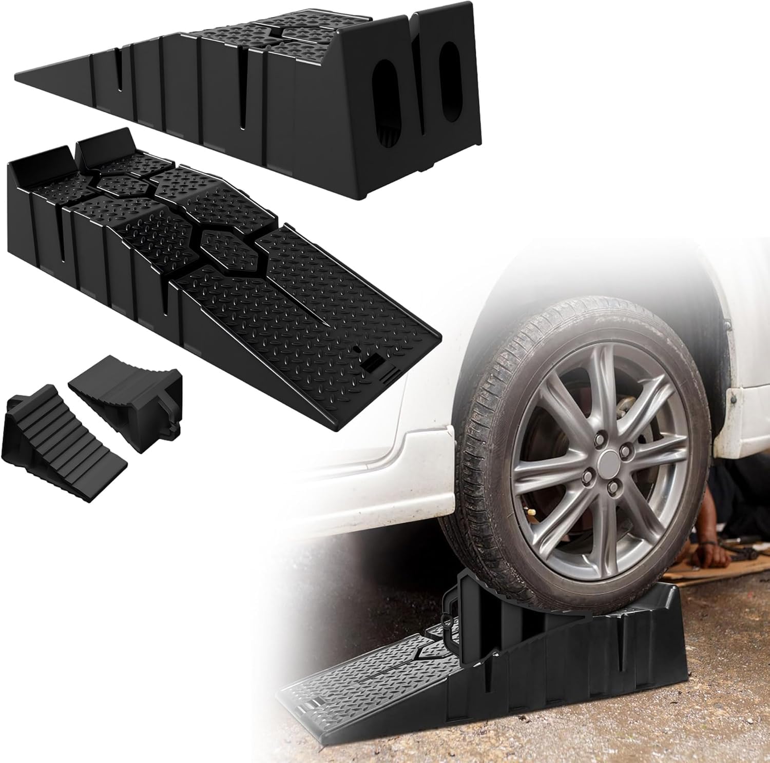 UISEBRT Rampa di carico per auto con cunei, 2 pezzi, robusta rampa per auto con cunei, portata fino a 5 T, per roulotte, camper, camper, ecc. extra alta, colore nero
