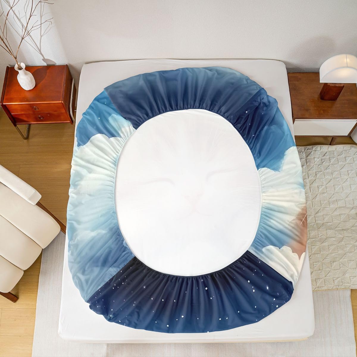 Juego de sábanas bajeras de 3 piezas tamaño King, diseño de gato naranja, acuarela, nubes, cielo, galaxia, para niños y niñas, bonita decoración de gatito durmiente, bolsillo profundo, 2 fundas de