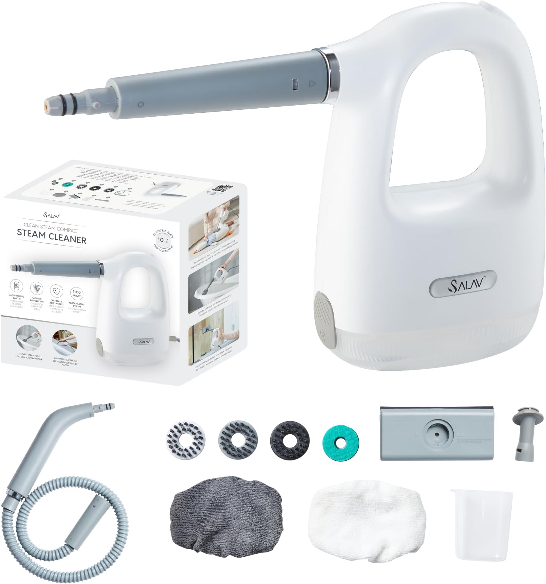 CleanSteam Compact Steam Cleaner Pressurized Multi-Surface Handheld Steamer w/11pc Accessories, Safety Lock No-Drip Fast Heat Time Unlimited Use, for Cleaning Windows, Tiles, Grout, Car (White)