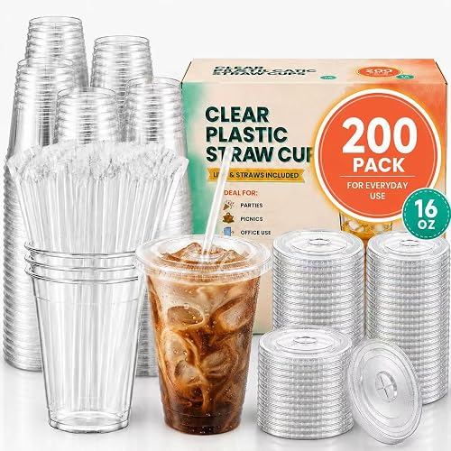 𝟐𝟎𝟎 𝐏𝐚𝐜𝐤 𝟏𝟔 𝐨𝐳 Plastic Cups with Lids, Plastic Coffee