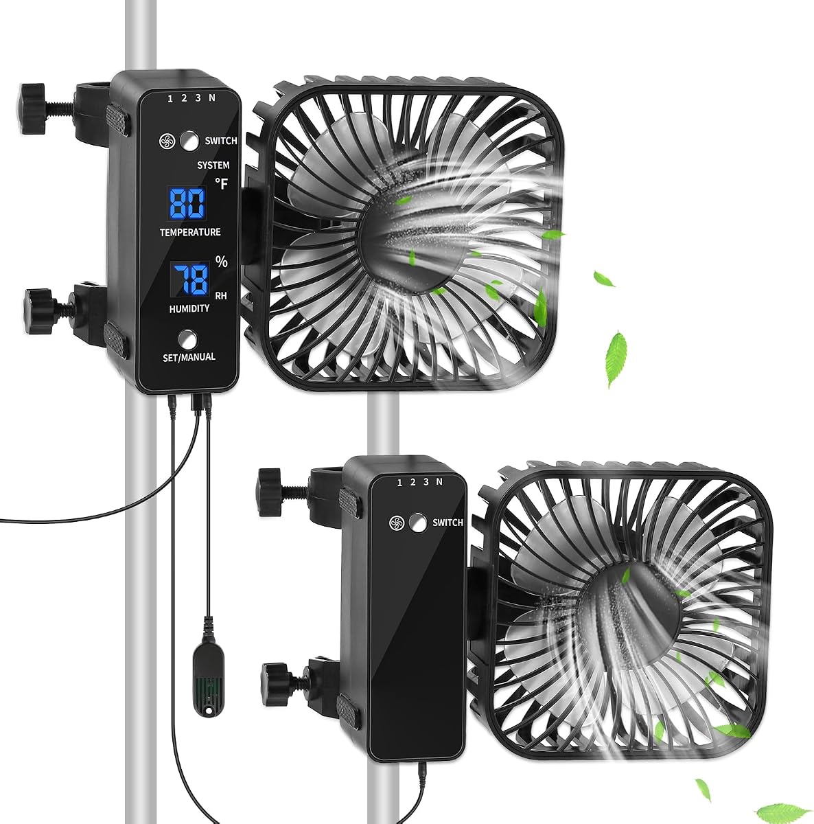 Paquete de 2 ventiladores para tienda de cultivo de 4 pulgadas con medidor de temperatura y humedad, control automático de humedad, ventilador oscilante para circulación de ventilación hidropónica con clips, invernadero silencioso de velocidad ajustable