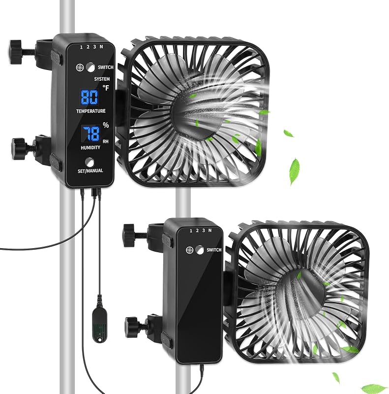 Paquete de 2 ventiladores para tienda de cultivo de 4 pulgadas con medidor de temperatura y humedad, control automático de humedad, ventilador oscilante para circulación de ventilación hidropónica con clips, invernadero silencioso de velocidad ajustable